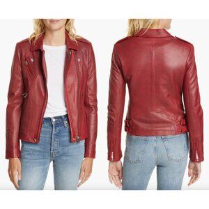 $1200 IRO Red Leather Han Slim Cropped Zip Moto Jacket size 2/IT 38